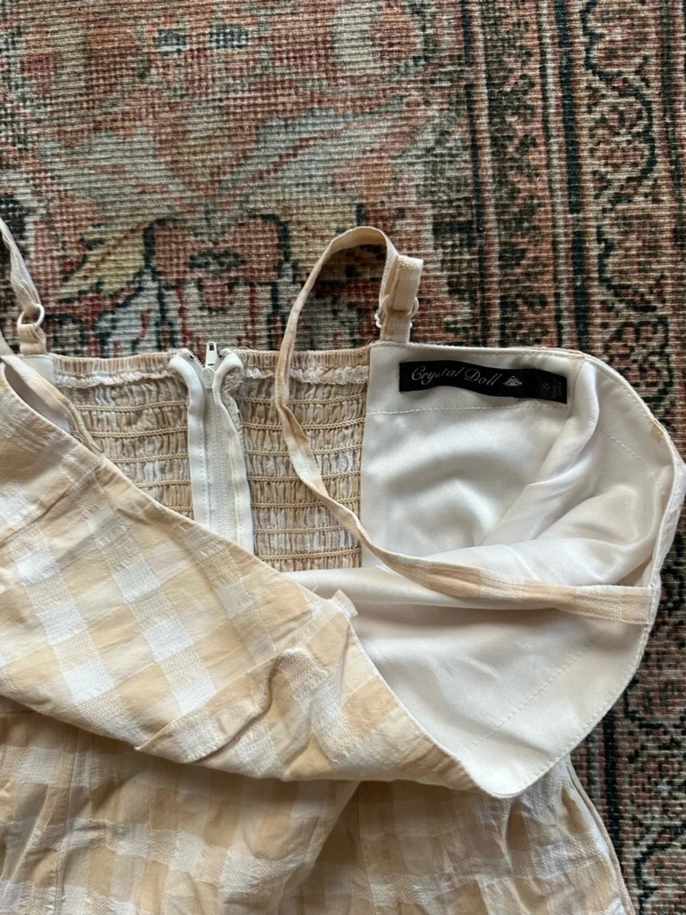 Cream Checkered “Linen” Spaghetti Strap Dress - Picture 2 of 2